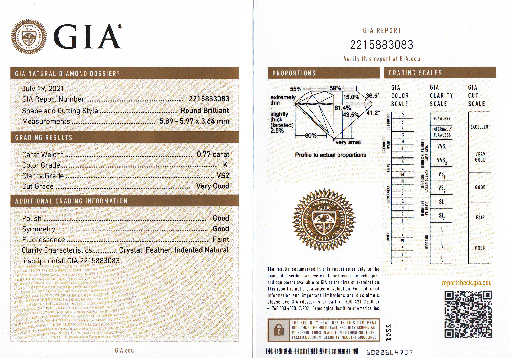 Round Brilliant Cut Diamond – 0.77ct.
