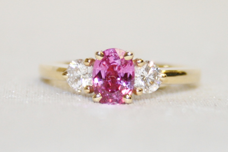 Pink Sapphire and Diamond Three Stone Ring