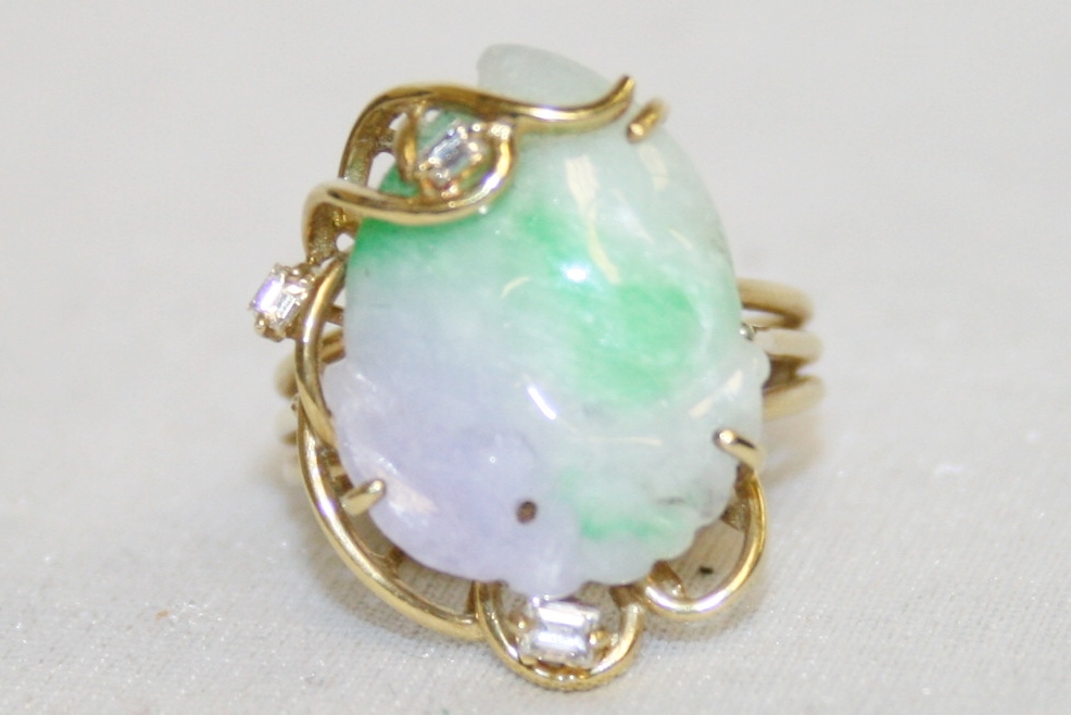 Carved Jade Acorn Ring with Diamond Accents