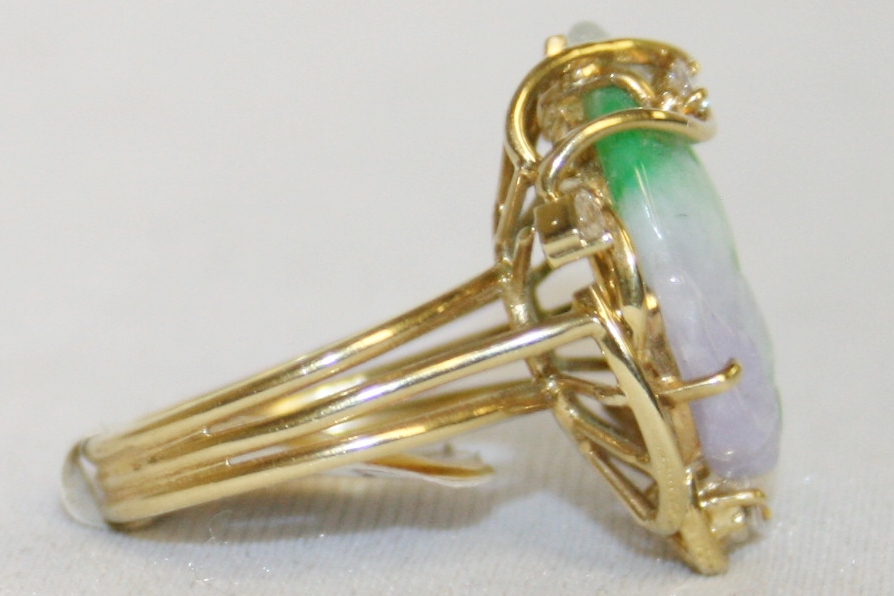 Carved Jade Acorn Ring with Diamond Accents
