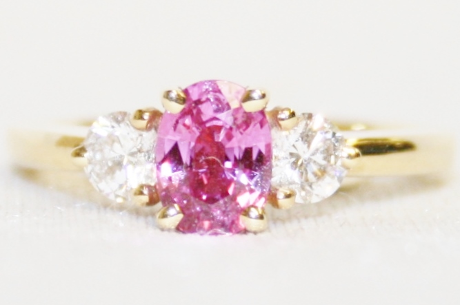 Pink Sapphire and Diamond Three Stone Ring