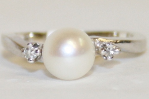 White Gold Pearl and Diamond Three Stone Ring