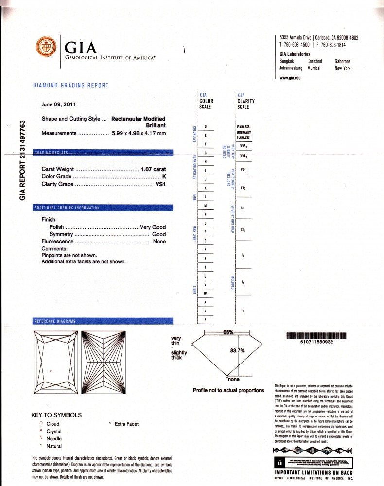 Rectangular Modified Brilliant Cut Diamond Solitaire – 1.07 ct.