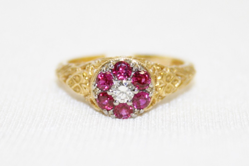 Ruby and Diamond Cluster Filigree Ring