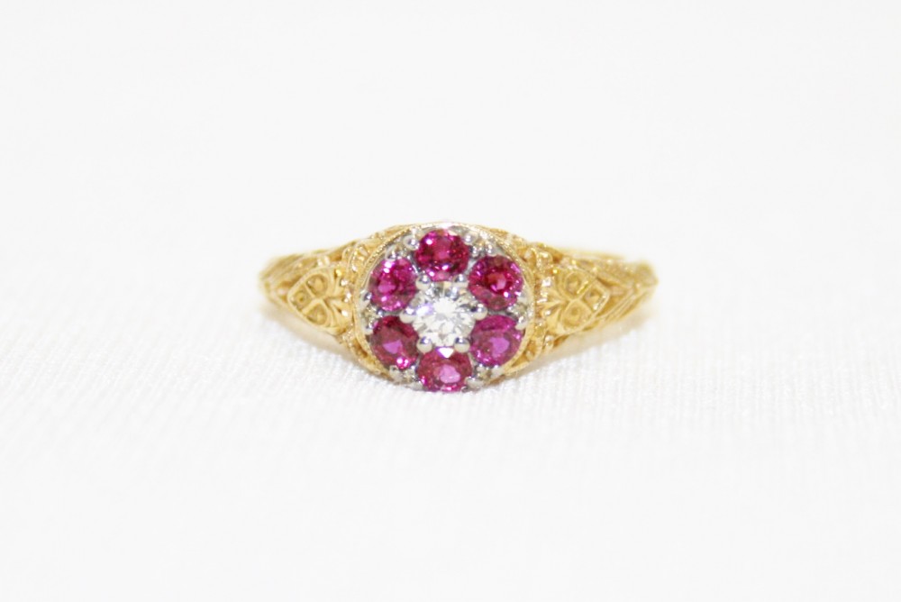 Ruby and Diamond Cluster Filigree Ring