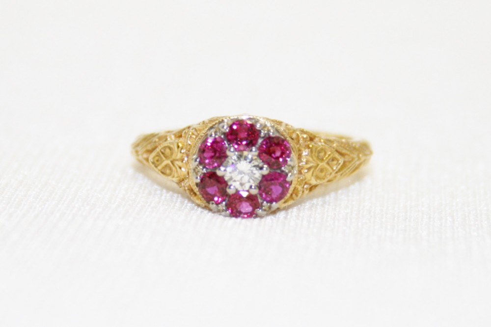 Ruby and Diamond Cluster Filigree Ring