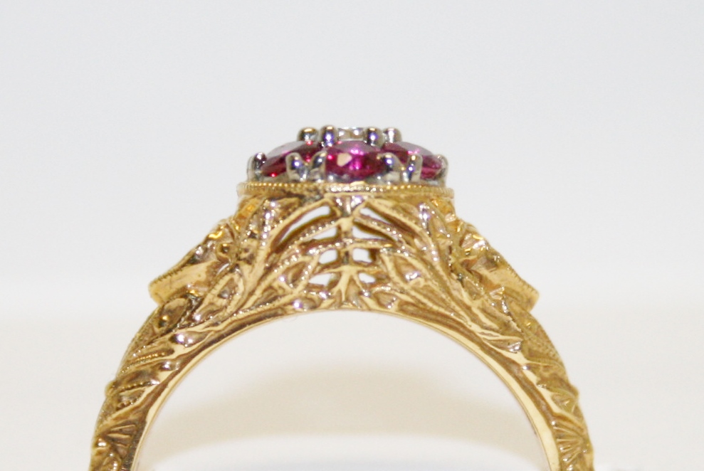 Ruby and Diamond Cluster Filigree Ring