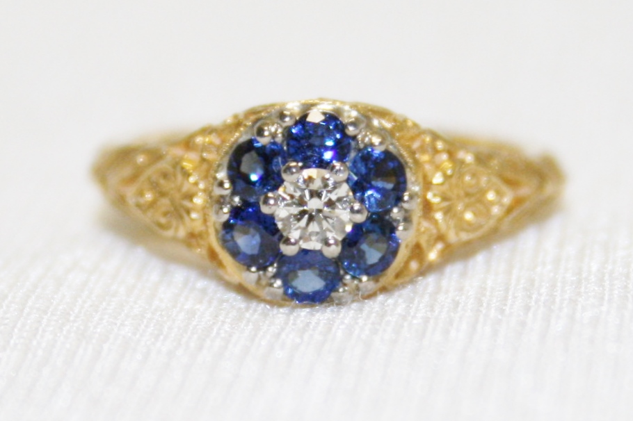 Sapphire and Diamond filigree Cluster Ring