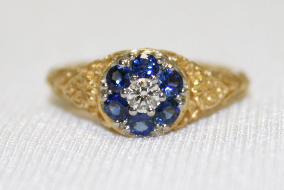 Sapphire and Diamond filigree Cluster Ring