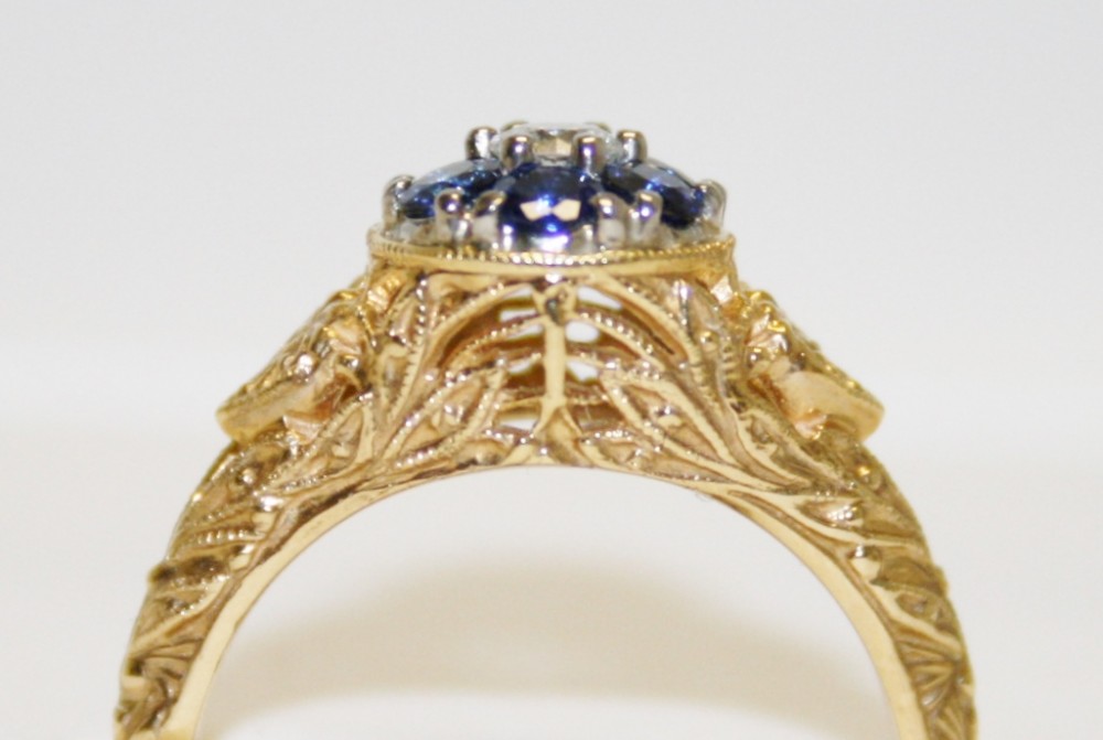 Sapphire and Diamond filigree Cluster Ring