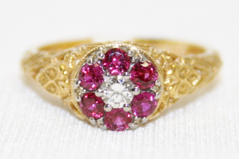 Ruby and Diamond Cluster Filigree Ring