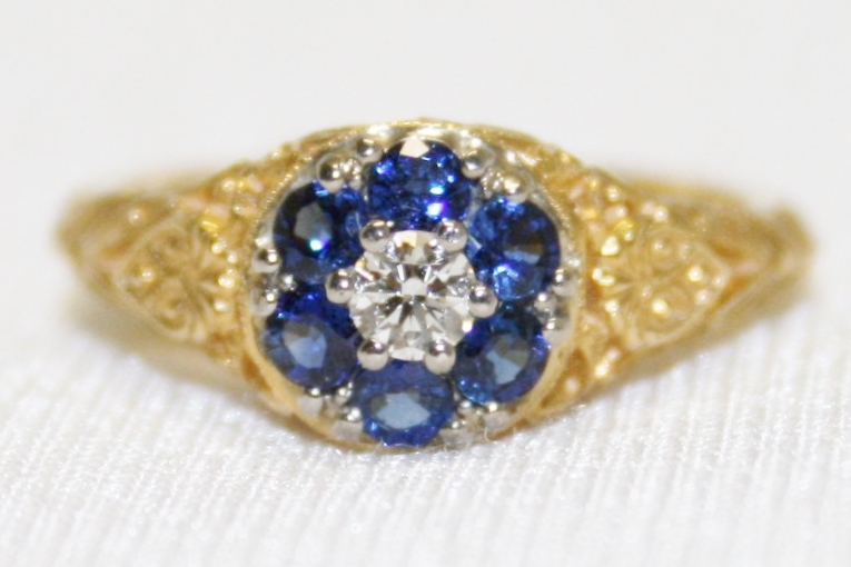 Sapphire and Diamond filigree Cluster Ring
