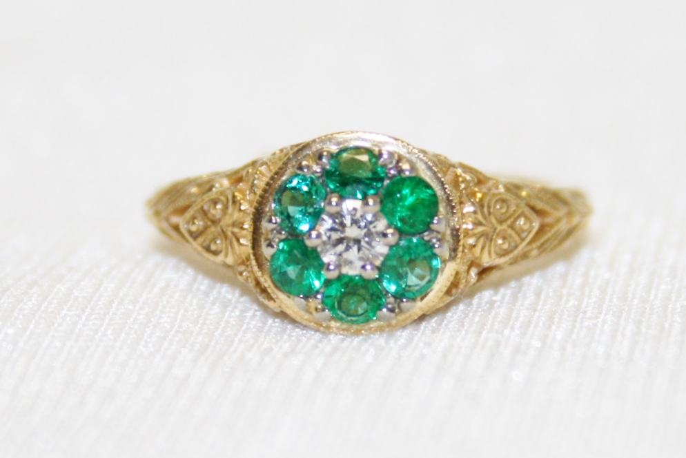 Emerald and Diamond Filigree Ring