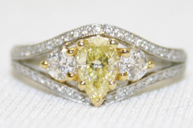 Martin Flyer Pear Shaped Fancy Yellow Diamond Ring – 1.04ct. Total Weight