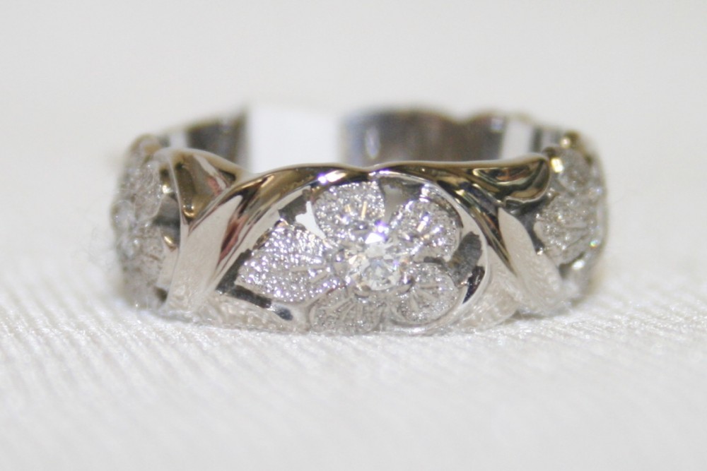 Jabel Carved Rose White Gold Diamond Wedding Ring