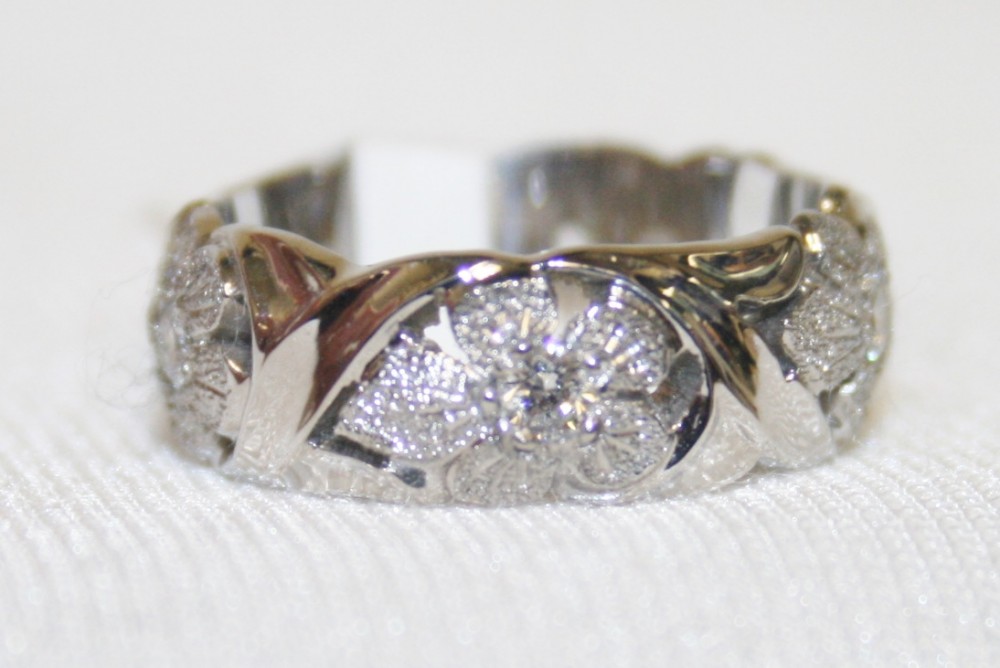 Jabel Carved Rose White Gold Diamond Wedding Ring