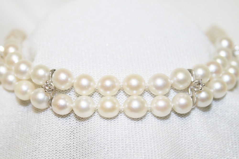 Two Strand Cultured Pearl and Diamond Bracelet