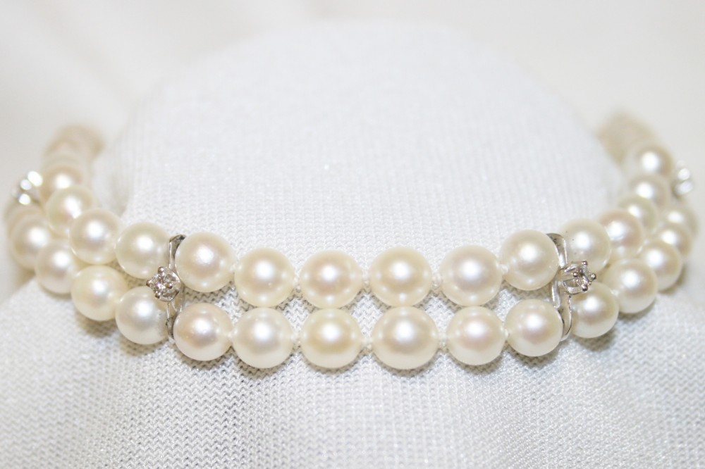 Two Strand Cultured Pearl and Diamond Bracelet