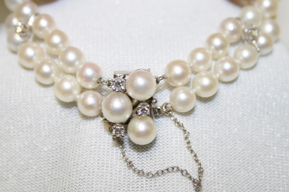 Two Strand Cultured Pearl and Diamond Bracelet