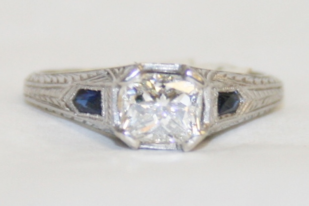 Art Deco Three Stone Diamond and Sapphire Engagement Ring