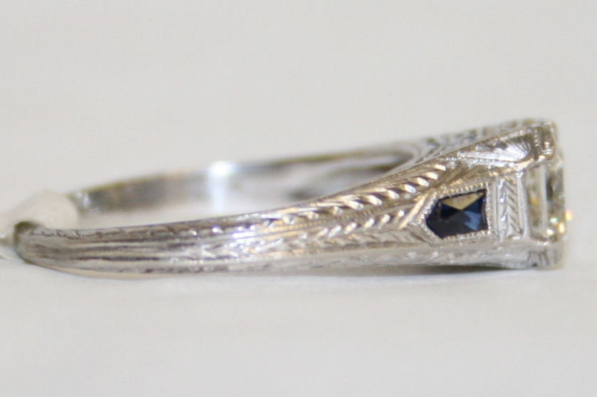 Art Deco Three Stone Diamond and Sapphire Engagement Ring