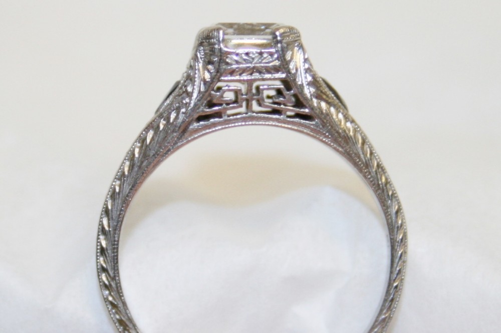 Art Deco Three Stone Diamond and Sapphire Engagement Ring
