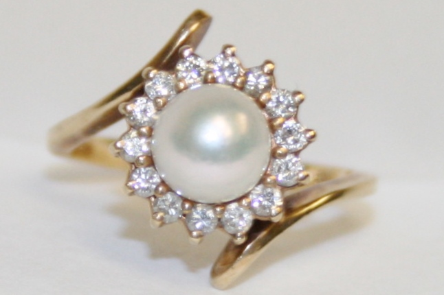 Pearl and Diamond Bypass Style Ring