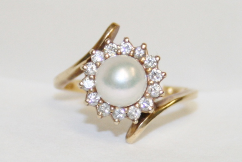 Pearl and Diamond Bypass Style Ring