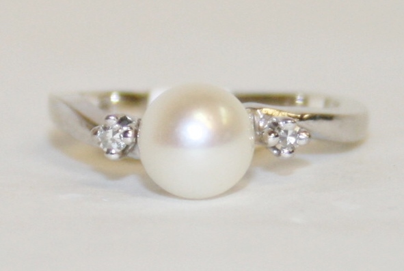 White Gold Pearl and Diamond Three Stone Ring
