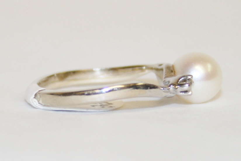 White Gold Pearl and Diamond Three Stone Ring