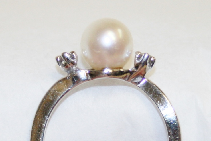 White Gold Pearl and Diamond Three Stone Ring