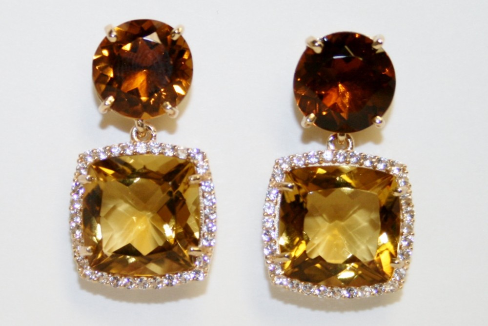 Vianna Brasil Yellow Gold Vermeil Whisky and Champagne Citrine Halo Earrings