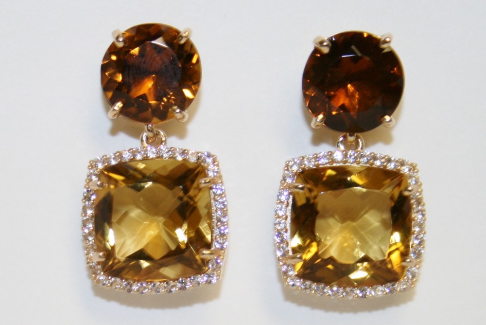 Vianna Brasil Yellow Gold Vermeil Whisky and Champagne Citrine Halo Earrings