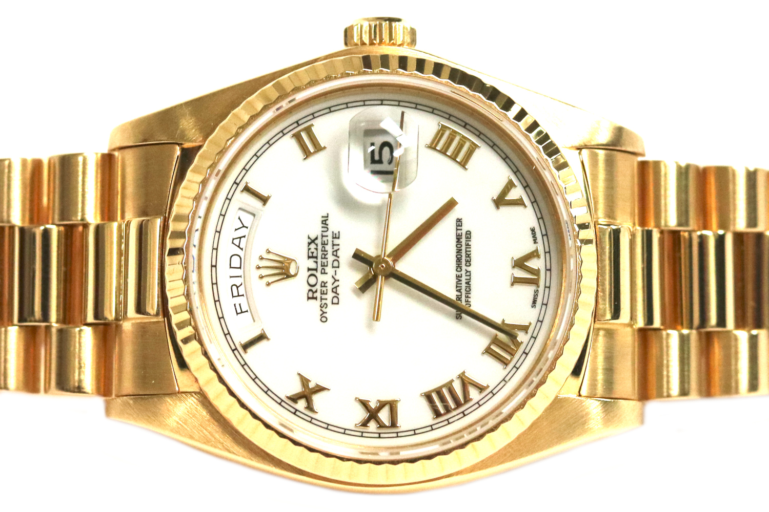 Rolex Oyster Perpetual Day-Date White Roman Dial 18kt Yellow Gold