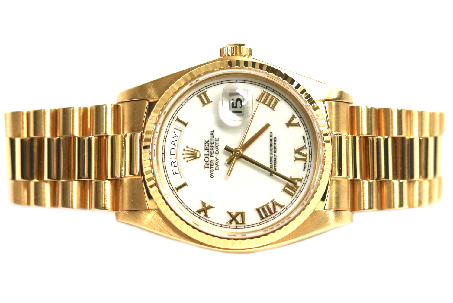 Rolex Oyster Perpetual Day-Date White Roman Dial 18kt Yellow Gold