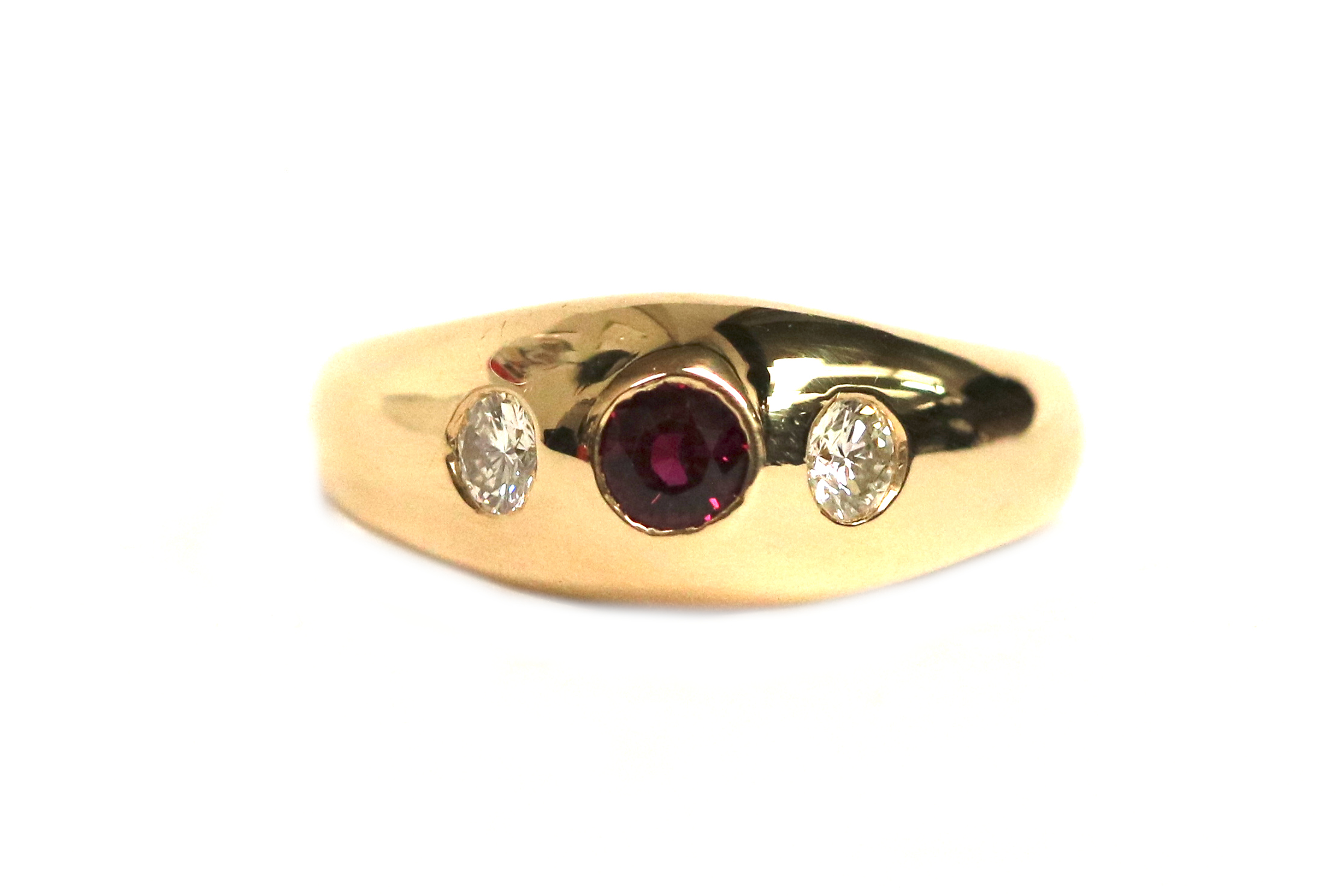 Yellow Gold Ruby and Diamond Three Stone Ring